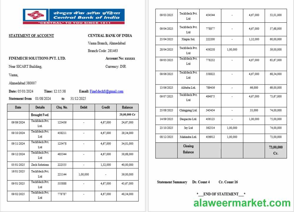 India Central Bank of India statement Word and PDF template, 2 pages